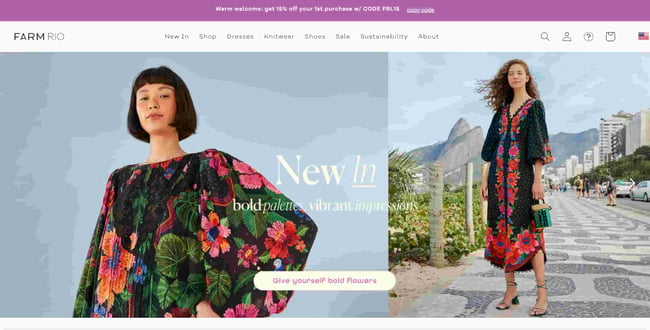 FASHION WEBSITE DESIGN FARM RIO SHOWS MODELS WEARING THE BRAND'S SIGNATURE COLORFUL, PATTERNED LOOKS 