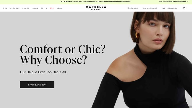fashion website design marcella shows person in black shirt against neutral background 