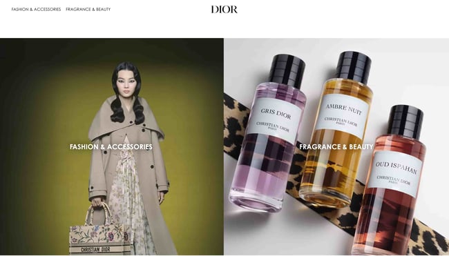 fashion website design: dior shows person walking in runway show and bottles of the company's fragrance 