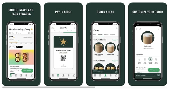 Starbucks mobile app allows customers to earn stars, pay in store, order ahead, and customize their orders