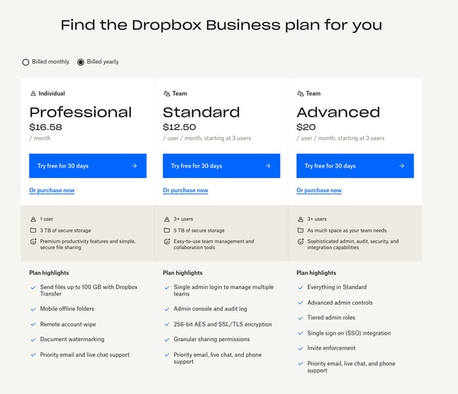 dropbox for business website homepage features