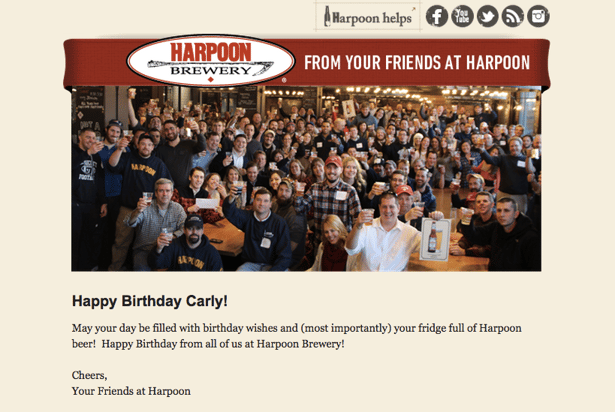 harpoon brewery email with a photo of the staff that reads "happy birthday carly from your friends at harpoon"