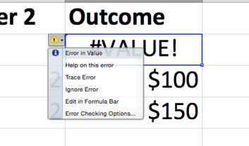 Options dropdown to the left of a #VALUE! Excel error message