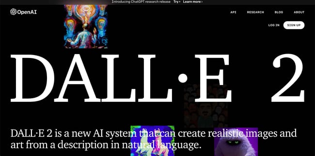 OPEN SOURCE AI AND WEBSITES: DALLE 2, product page with a black background and bright pops of images the product has created using artificial intelligence 