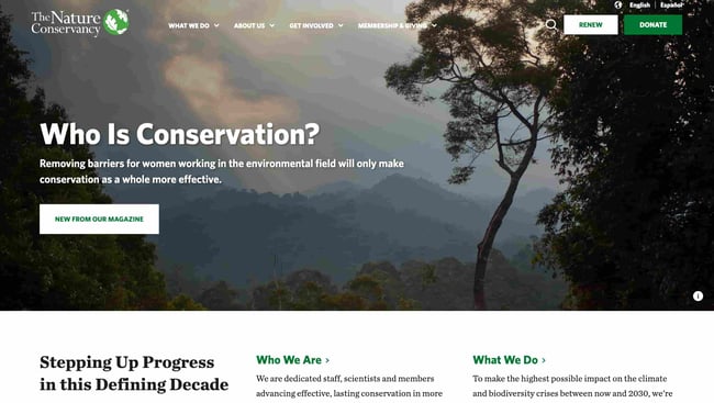 favorite natural websites: the nature conservancy homepage features trees and mountain view 