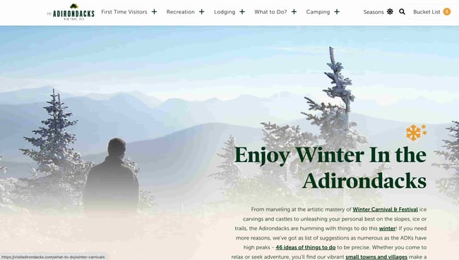 best natural websites: visit adirondacks shows a person outside in the winter overlooking snowcapped mountains and pine trees with snow on them 