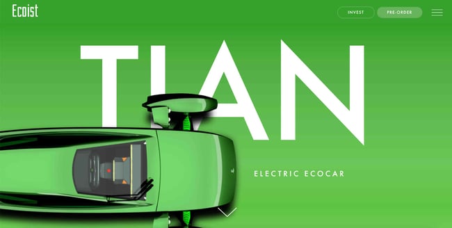 green websites ecoist shows green background with tian in large white font and a green car 