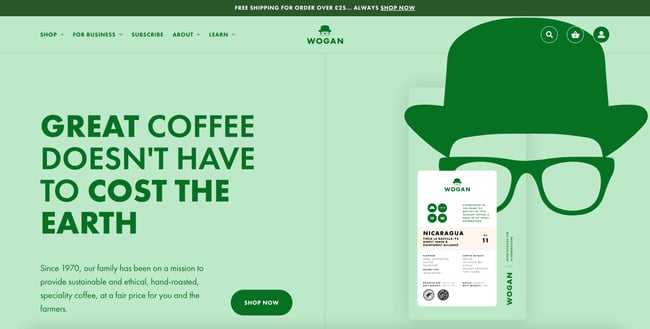 green websites wogan coffee shows information about coffee source and text informing readers that the coffee is not bad for the earth 