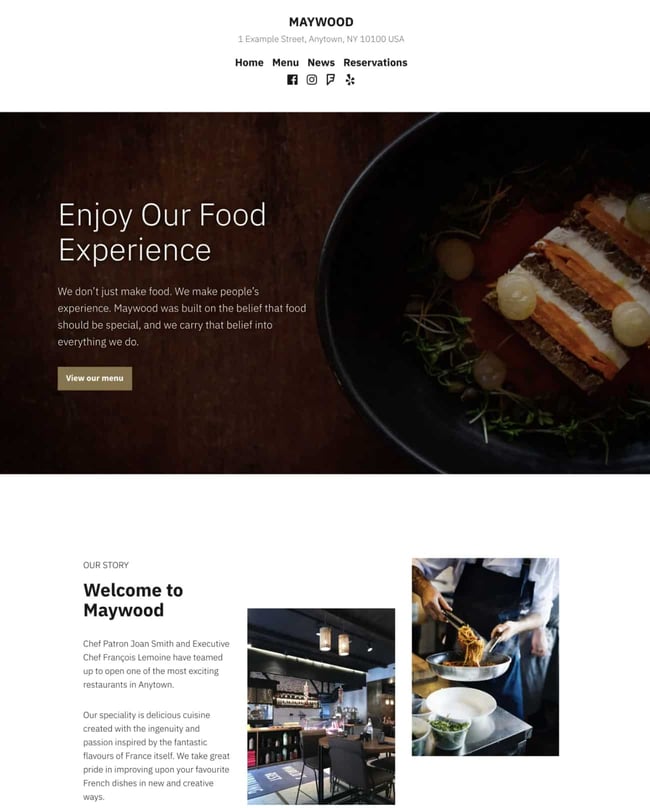 restaurant website templates: maywood shows a salad adjacent to copy 