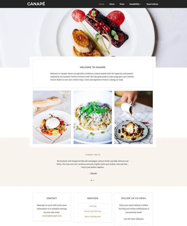 restaurant website templates: canape shows an elegant neutral background and several foods such as waffles 