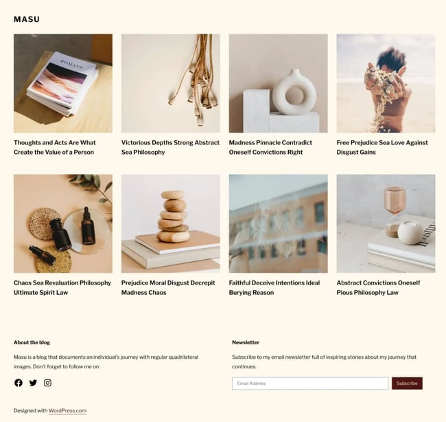 masu a responsive wordpress theme ideal for blogging has a neutral background and grid-like boxes where you can put blog posts 