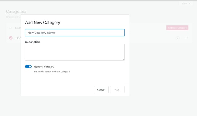 wordpress seo: image shows how you can add a new category to the website 