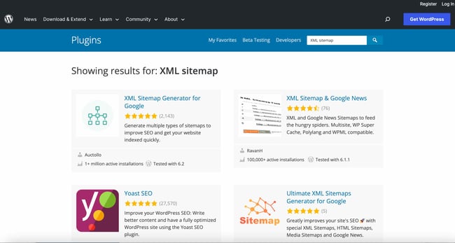  image shows wordpress plugin directory for xml sitemap. 