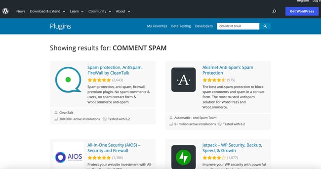  image shows what you'd have to look for in wordpress plugin directory to find plugin to reduce comment spam 