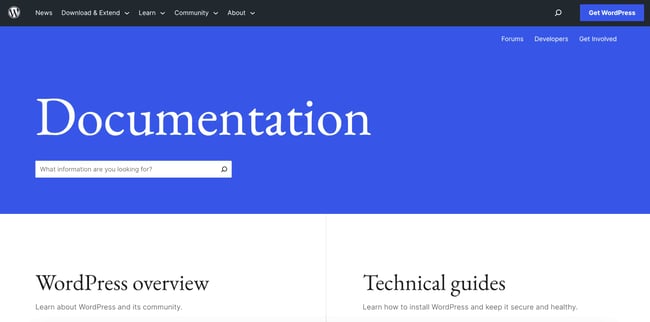 wordpress.org vs wordpress.com image shows documentation page for wordpress.org