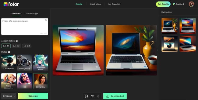 AI WEB DESIGN: image shows fotor, a generative ai image generator, and how it created two graphics of laptops in an oil painting style. 