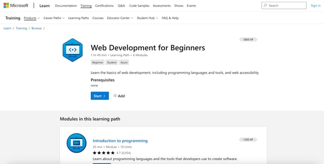 Web Development Courses: Microsoft homepage 