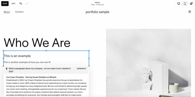 cms with ai integrations: squarespace generate content sample shown