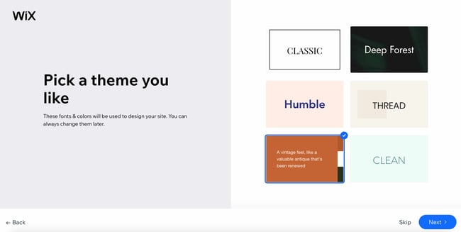cms with ai integrations: wix shows how you can select a theme 