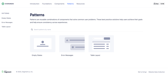 design system component 2: Pattern library of Segment's design system Evergreen