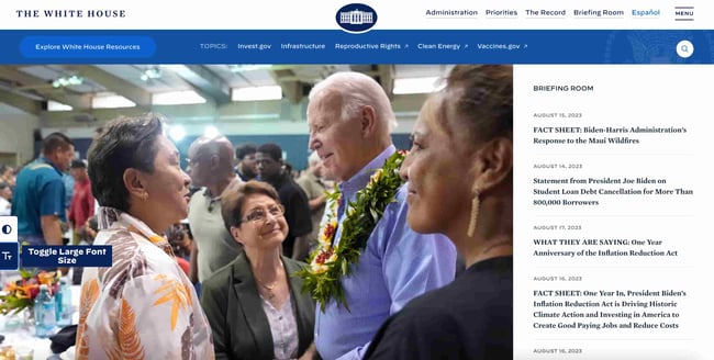 inclusive design: image shows white house homepage and how it offers people the ability to toggle large font and contrast. 