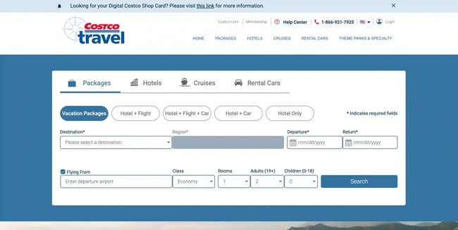 travel website design: costco travel homepage