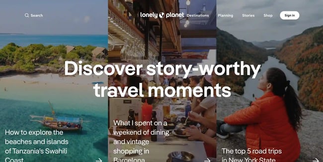 travel website design: lonely planet homepage 