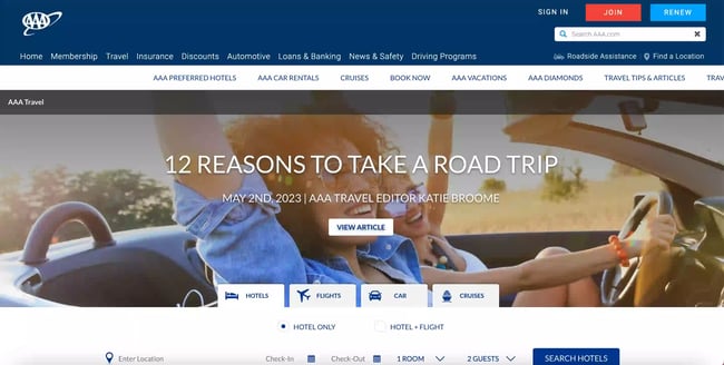 travel website design: AAA travel 