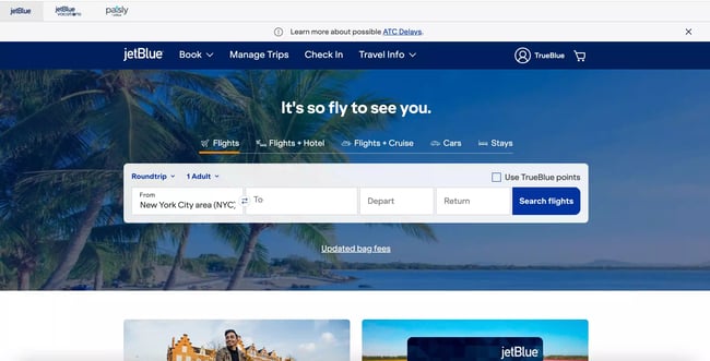 travel website design: jetblue 