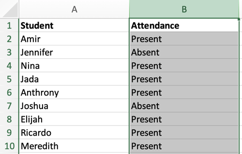 Selecting Column B to apply conditional formatting to.