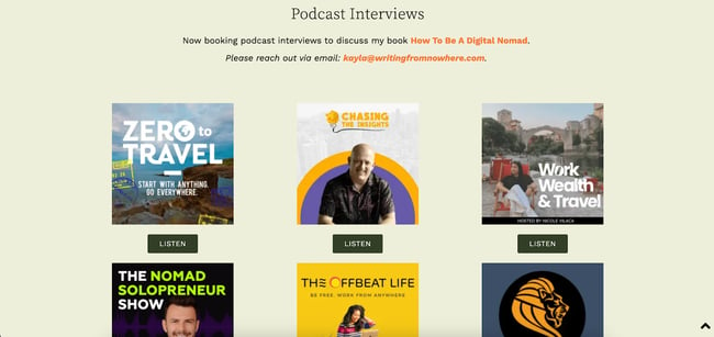 Screenshot of podcast appearances on press page