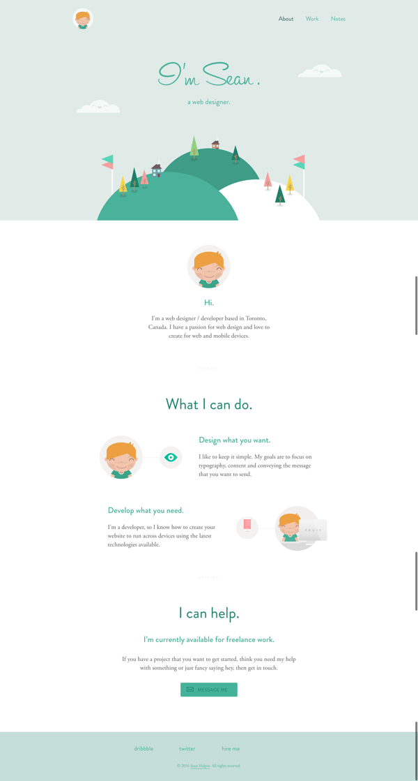Personal website of web designer Sean Halpin with soft white and green colors and personal avatar