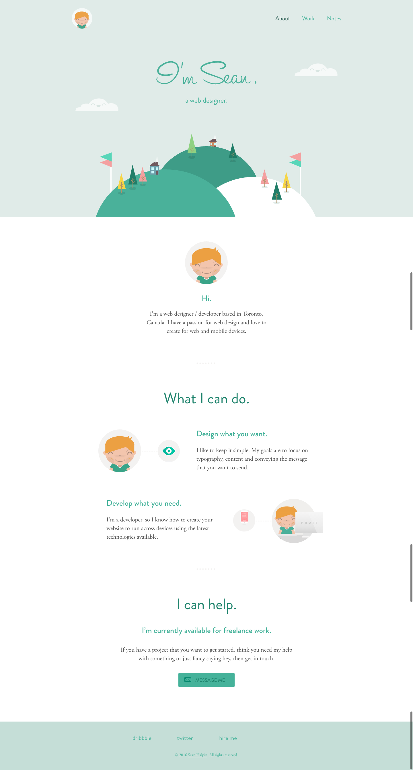 Personal resume website of web designer Sean Halpin, using soft green illustrations