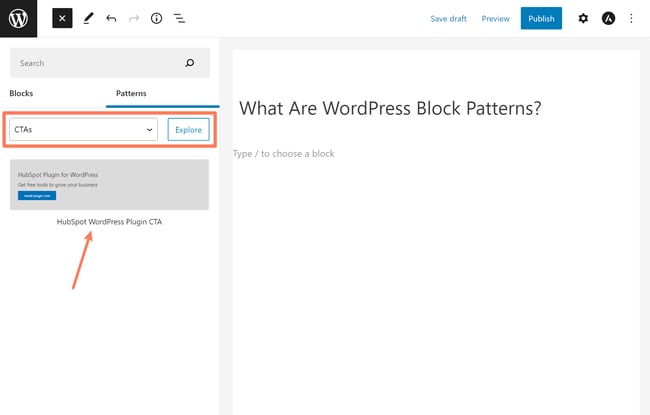 Searching for custom block pattern with keyword CTA