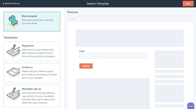 Select a template page in HubSpot form builder