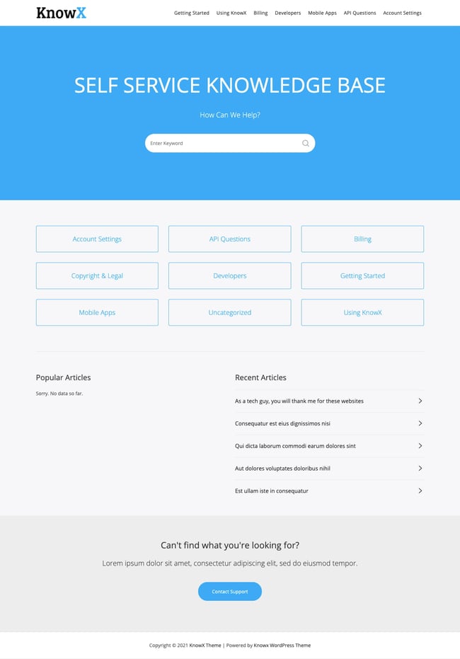 Self-service Knowledge Base created with the free KnowX theme for WordPress