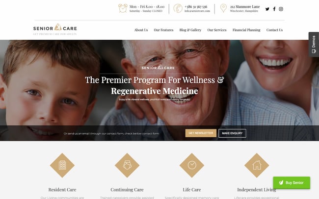 best wordpress health theme: Senior homepage features newsletter subscription banner