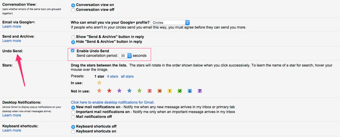 Gmail Undo Send Settings Screen