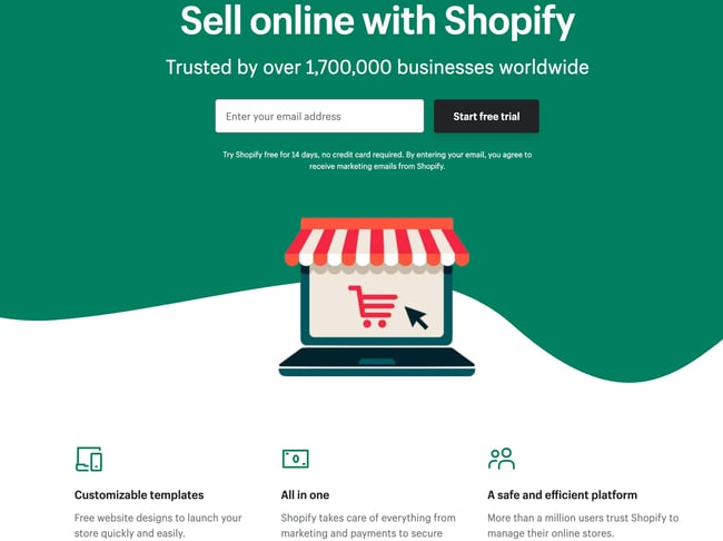 نمونه صفحه فرود ثبت نام Shopify
