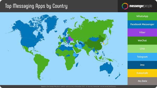 A map showcasing the most popular messaging apps per country.