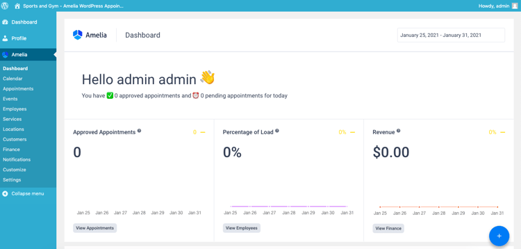 L'amministratore del sito visualizza gli appuntamenti e le statistiche nella dashboard tramite Amelia