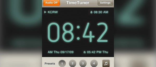 A clock radio app uses skeuomorphism.
