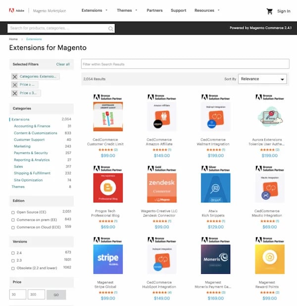 Small selection of premium extensions available in the Magento marketplace