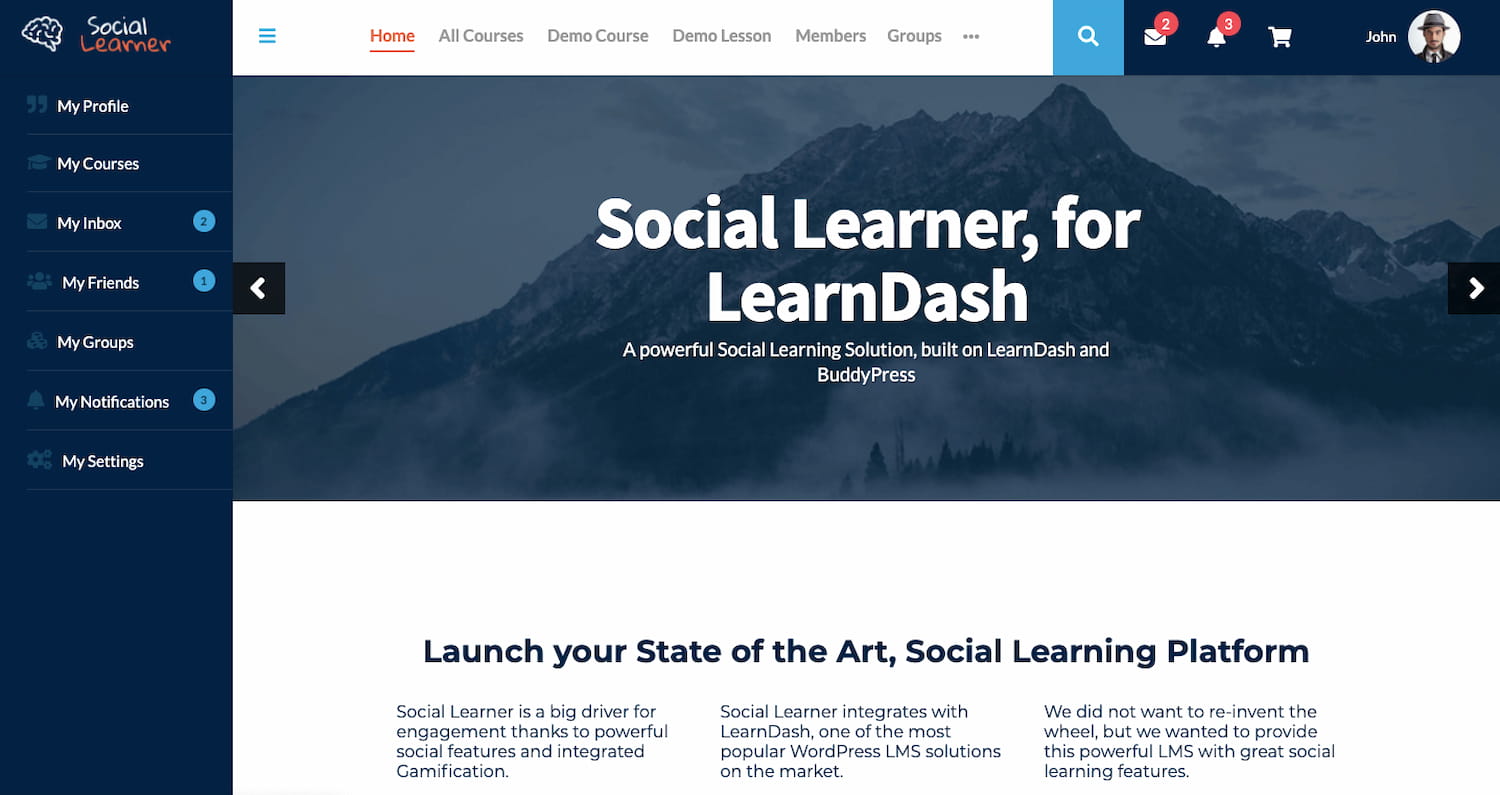 Social Learner theme demo shows a learning community website built with BuddyPress and LearnDash