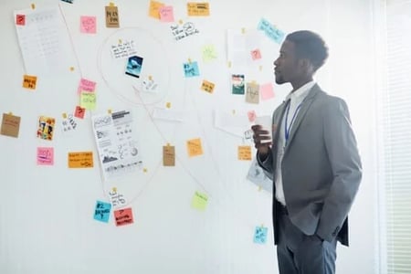 marketer looking at wall of sticky notes and social proof of customer referrals