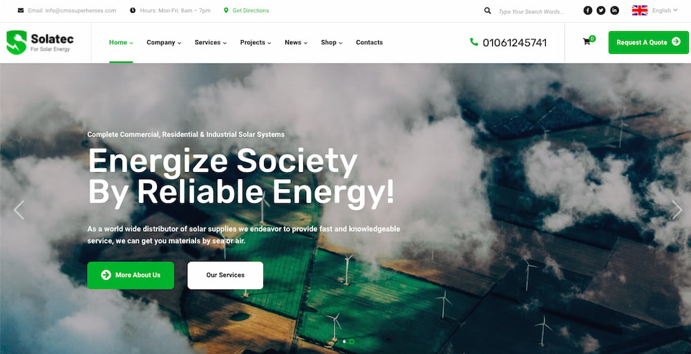 best eco friendly wordpress themes: Solatec demo includes headline and two cta buttons