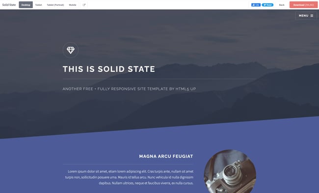 Solid State là mẫu Trang web một trang đẹp mắt, đáp ứng cho khách truy cập trên thiết bị di động và máy tính để bàn