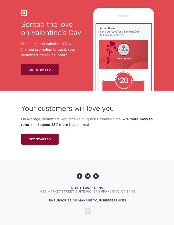 Square Valentines Email lead nurturing example