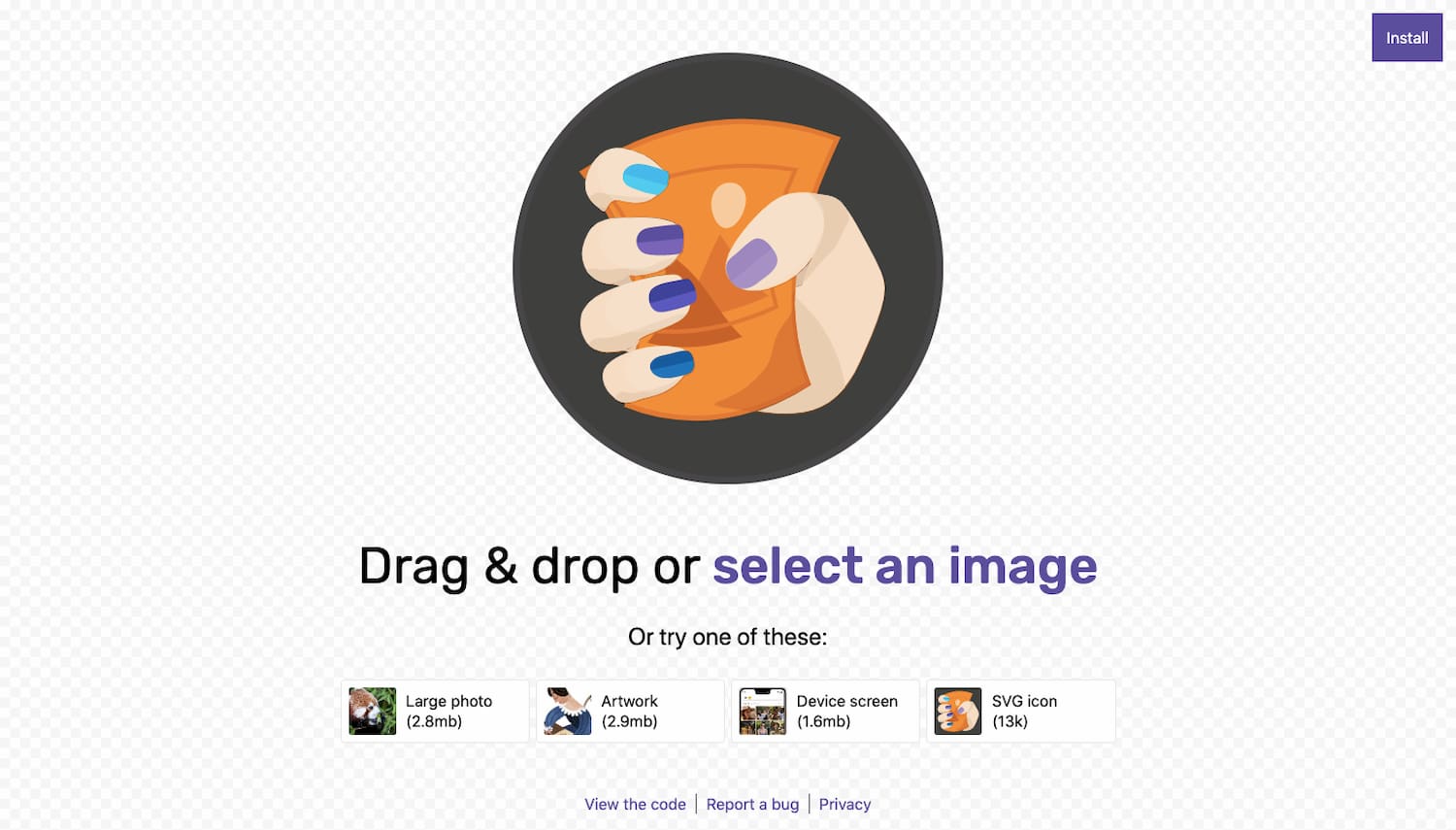 Squoosh app homepage instructs user to drag and drop or select an image to compress
