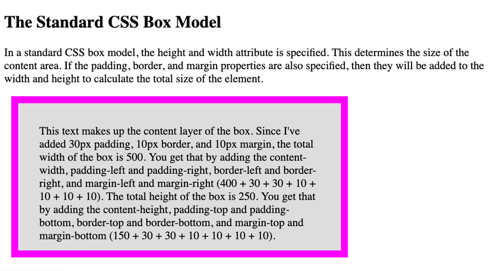 Standard CSS box model example with content width and height attributes defined explicitly